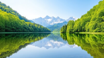 Fototapeta premium Serene alpine lake reflecting lush mountain scenery. Tranquil morning light