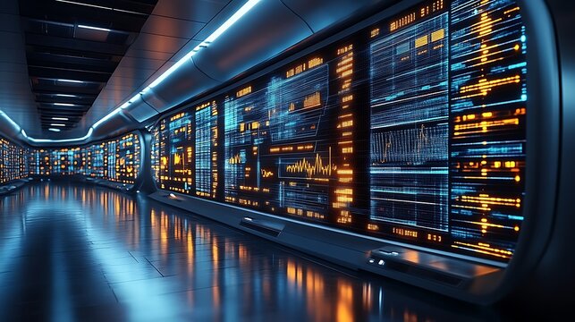 Futuristic data center corridor with glowing screens. - Powered by Adobe