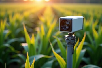 AI-powered surveillance camera monitoring a green agricultural field at sunrise, enhancing smart farming, crop security, and precision agriculture with modern technology