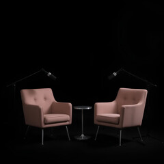 Fototapeta premium Where voices meet and ideas spark—podcast setup in focus.