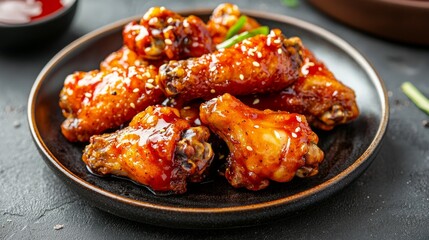 Delicious Spicy Chicken Wings with Tangy Sauce on Dark Plate