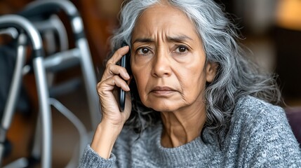 Worried senior woman on phone call.
