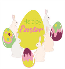 Easter bunnies with painted eggs. Festive template and background for design card and other.