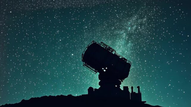 Silhouette of a large earthbased space observer against a starry night sky, The silhouette of a massive earth-based space observatory satellite telescope scanning the night sky