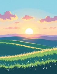 Minimalist Sunrise over Lush Green Hills, Photorealistic 4K Landscape with Horizon Possibilities, Copy Space for Text