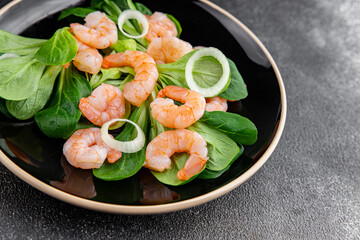 Shrimp salad seafood vegetables dish fresh delicious gourmet food background on table rustic food top view copy space keto and paleo diet vegetarian food pescetarian diet