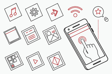 52 Smartphone icons, mobile app symbols, linear design, tech interface elements, digital device pictograms, user experience icons, minimalist UI graphics, phone features illustrations, touchscreen ges