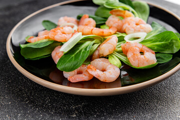 Shrimp salad seafood vegetables dish fresh delicious gourmet food background on table rustic food top view copy space keto and paleo diet vegetarian food pescetarian diet