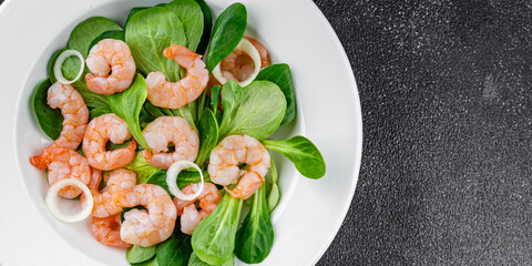Shrimp salad seafood vegetables dish fresh delicious gourmet food background on table rustic food top view copy space keto and paleo diet vegetarian food pescetarian diet