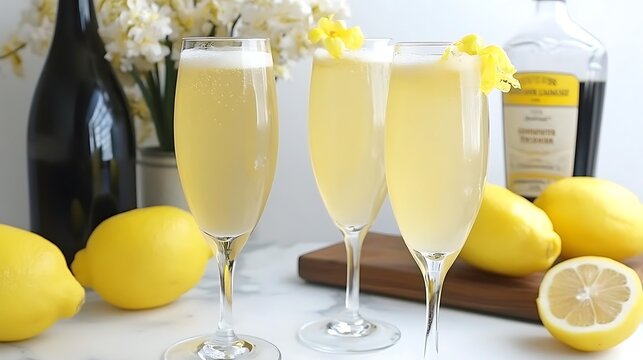 Three French 75 cocktails garnished with lemon and flowers.