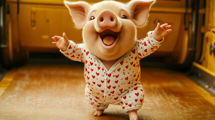A happy piglet in heart pajamas does a hoof up dance in the kitchen