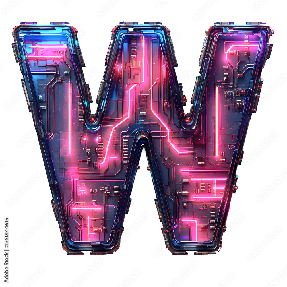 Poster futuristic letter w: a high-tech, neon-lit character filled with intricate circuit patterns and glow