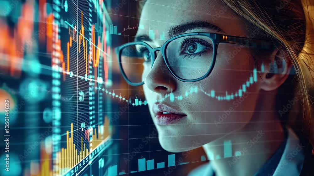 Poster caucasian female analyzing statistics on a digital display while engaging in data processing, statis