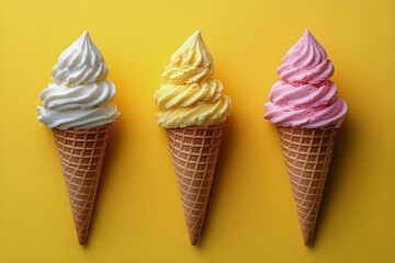Colorful Ice Cream Cones Arranged on Yellow Background Perfect for Summer Treats