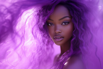 Naklejka premium Glamorous Portrait of a Young Woman with Purple Glittering Hair and Glowing Skin with Dreamy Ambiance