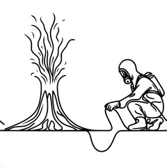 Obraz premium Person in gas mask controlling a fire against a sketched background , single line drawing 