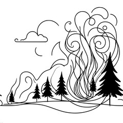 Fototapeta premium Black line art of trees and swirling wind against a blank background , single line drawing 