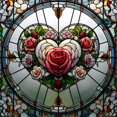 Stained Glass Heart with Floral Design roses and heart