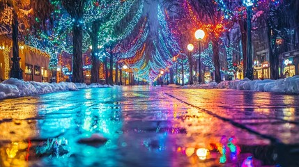 Colorful Holiday Lights Reflecting on Wet Pavement at Night Scene