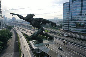 Aerial view of The Dirgantara Statue Monument or better known as the Pancoran Statue is one of the statue monuments located in Jakarta. 