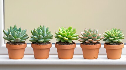 Obraz premium Row of Potted Succulents on a Bright Windowsill, Indoor Home Decor Plants