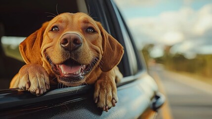 Happy dog looking out car window
