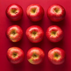 Neatly arranged red apples on a bold crimson background