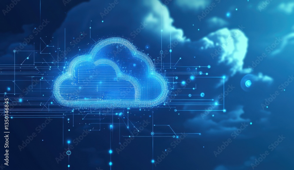 Poster blue background with clouds and technology lines digital cloud network concept on a light blue backd