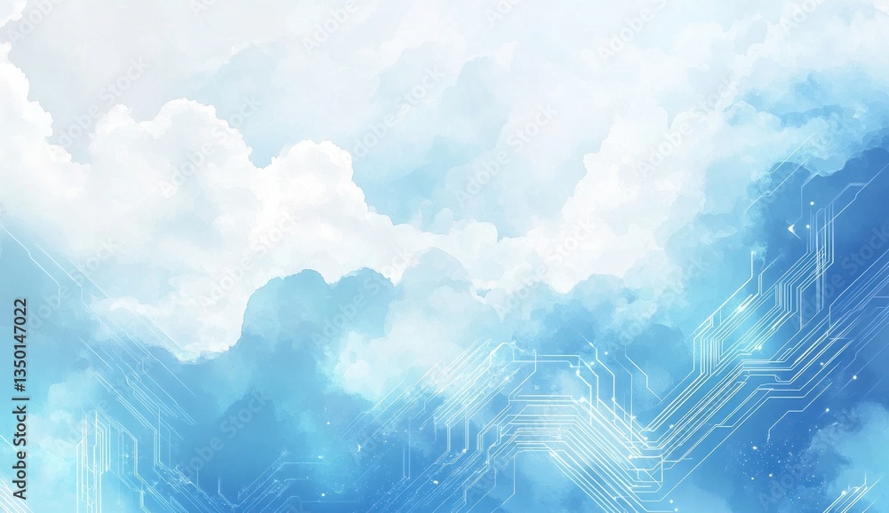 Poster cloud technology background with blue clouds and white circuit lines light sky-blue color palette ge