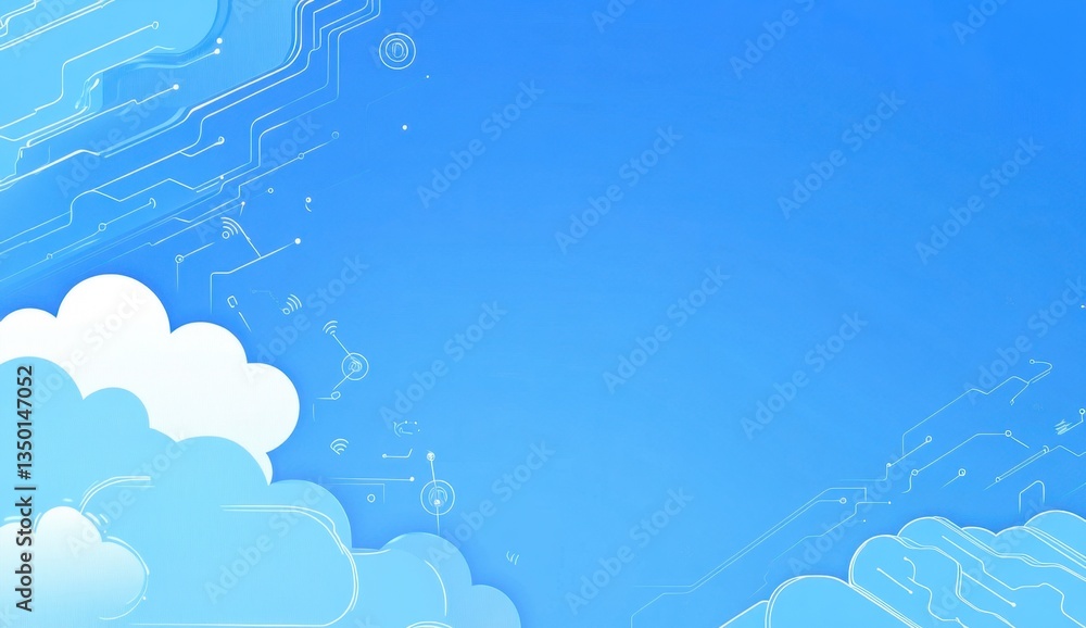 Poster cloud technology background with blue color and white clouds connected by circuit lines on a light b