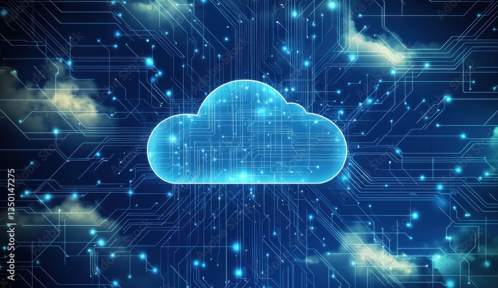 Poster cloud technology background with blue clouds and white circuit lines generative ai