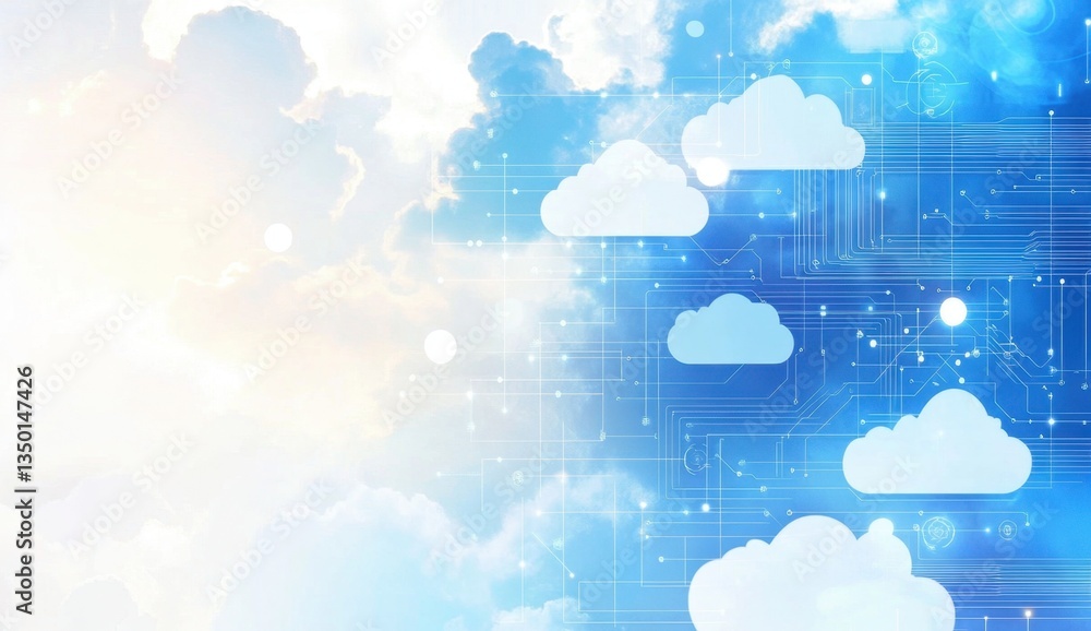 Poster abstract background with blue clouds and circuit board elements on a light sky-blue, white color sch