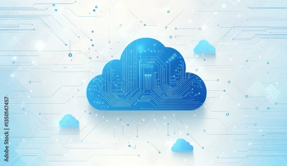 Poster cloud technology background with circuit board and blue clouds with simple shapes, light sky-blue co