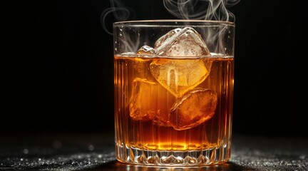 Glass of amber-hued cocktail or soda with visible ice cubes, effervescent bubbles, steam rising, reflective rippled surface, dark moody background, professional studio lighting, rich warm color.