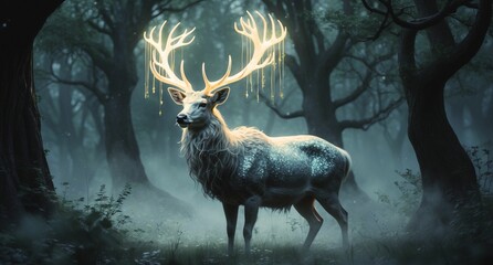 stag in dark forest with glowing antlers 