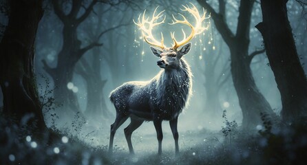 stag standing in woodlands glowing in the night 
