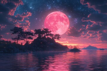 Magical full pink moon reflecting over island surrounded by colorful night sky