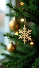 Delicate gold snowflake ornaments adorn a Christmas tree branch, delicate, sparkling, tree topper