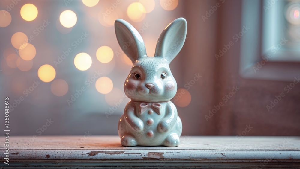 Poster charming porcelain rabbit figurine sits on a table with a soft bokeh background illuminated by warm 