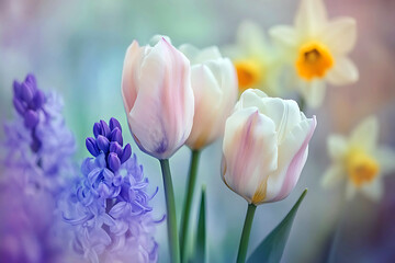 Fototapeta premium Colorful spring flowers blooming in a garden with tulips and daffodils at dawn