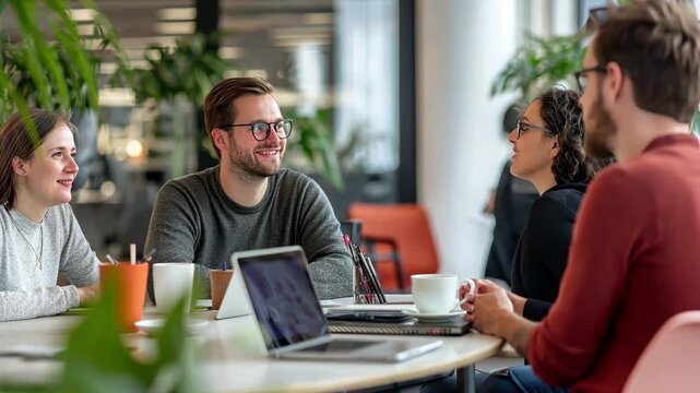 Team collaboration during a business meeting in a modern office setting, Teamwork at a business meeting in a modern office building