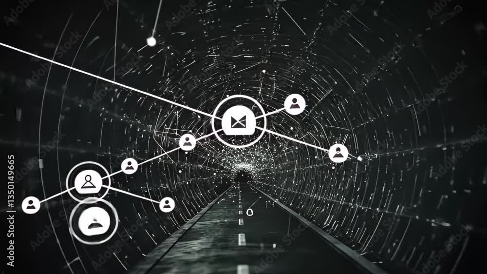 Poster Network of connections with icons illuminating a dark tunnel showcasing digital connectivity, network of connections with icons over tunnel on black background