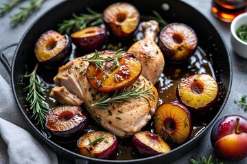 Roasted chicken breast nestled amongst glistening roasted plums and sprigs of rosemary, a warm autumnal feast in a dark skillet.