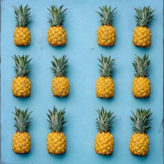 Arranged tropical pineapple slices on a blue background