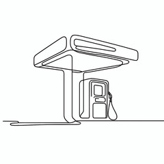 Minimalist line art depiction of a gas station structure with a fuel pump, representing transportation energy and modern convenience in a clean design aesthetic.