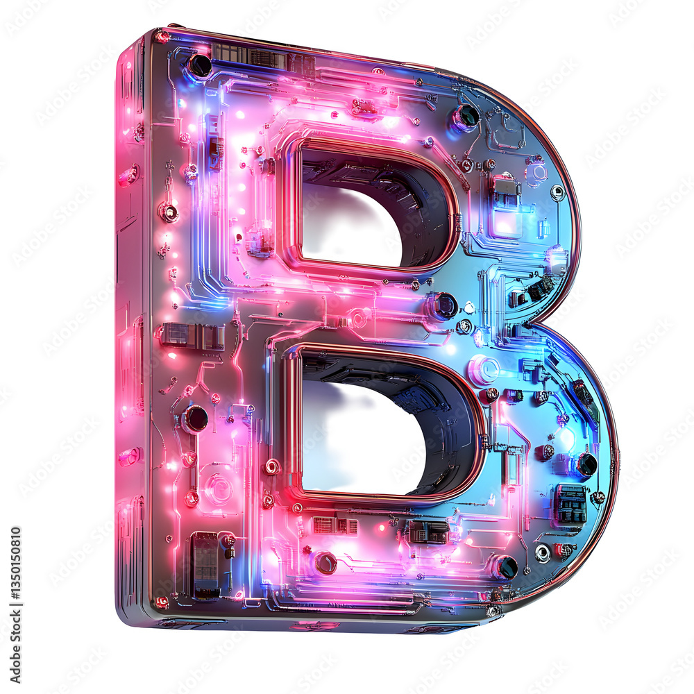 Poster futuristic letter b with glowing circuit patterns evokes high-tech aesthetics and a sense of digital