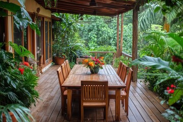 Fototapeta premium Cozy Wooden Table Surrounded by Lush Greenery in a Serene Garden Setting During Bright Daylight