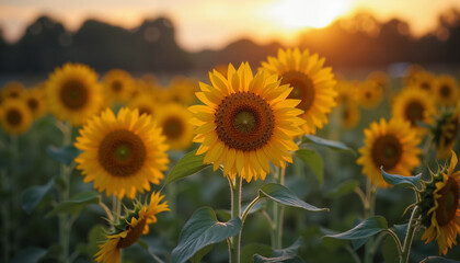 Obraz premium Vibrant sunflowers blooming during sunset in a picturesque field, embodying warmth, beauty, and nature's bounty