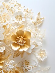 Elaborate golden floral motif with delicate lace-like cutouts on a crisp white backdrop