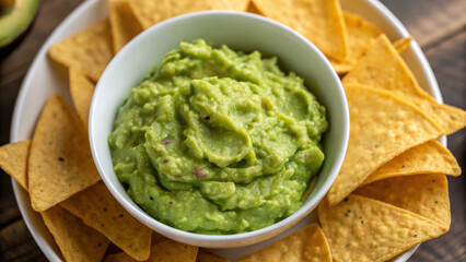 Obraz premium Creamy guacamole served in bowl surrounded by crispy tortilla chips, perfect for sharing and enjoying with friends